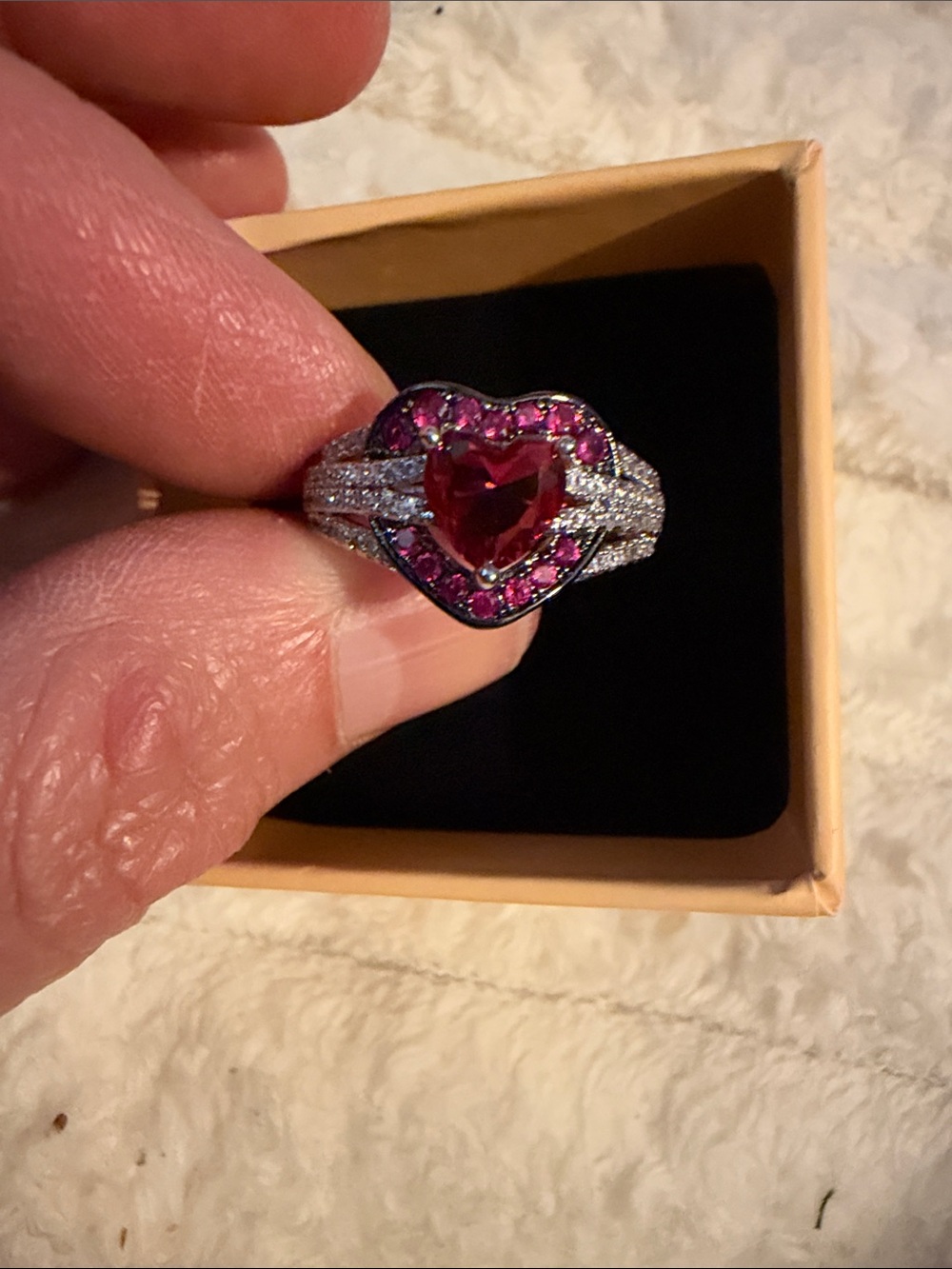 Heart-Shaped Pink-Red Crystal Halo Ring for Women size 7